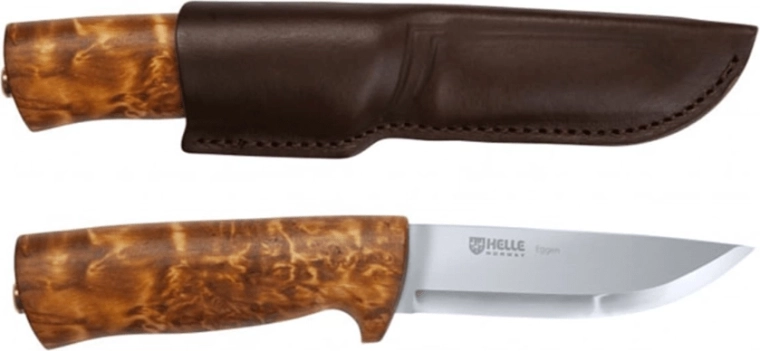 Helle Eggen outdoor knife 10 cm with wooden handle and leather sheath