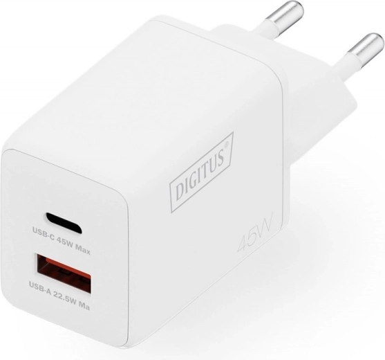 Caricatore da rete GaN II 45 W, 1× USB‑C e 1× USB‑A, PD 3.0 e QC 3.0, bianco