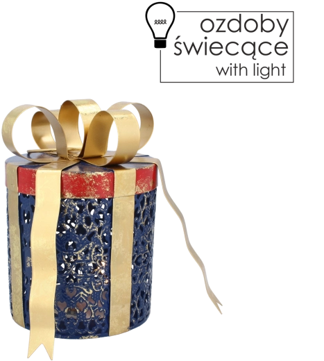 Décoration de Noël en métal en forme de cadeau avec éclairage LED, bleu avec nœud doré