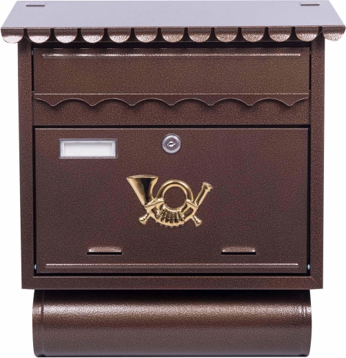 Briefkasten mit eckigem Dach und Zeitungsrolle, antikbraun