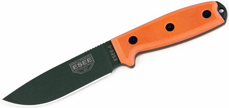 ESEE 4P OD universal knife 11.4 cm, black finish, orange G10 handle, plastic sheath