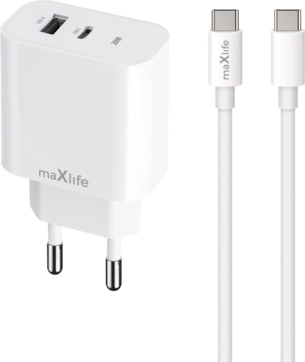 Maxlife MXTC-06-20AC Schnellladegerät USB-C + USB-A 20 W mit USB-C/USB-C-Kabel