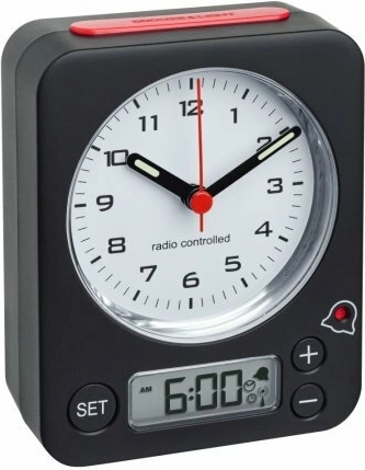 Wireless Alarm Clock TFA COMBO with Digital Setting, Black–Red