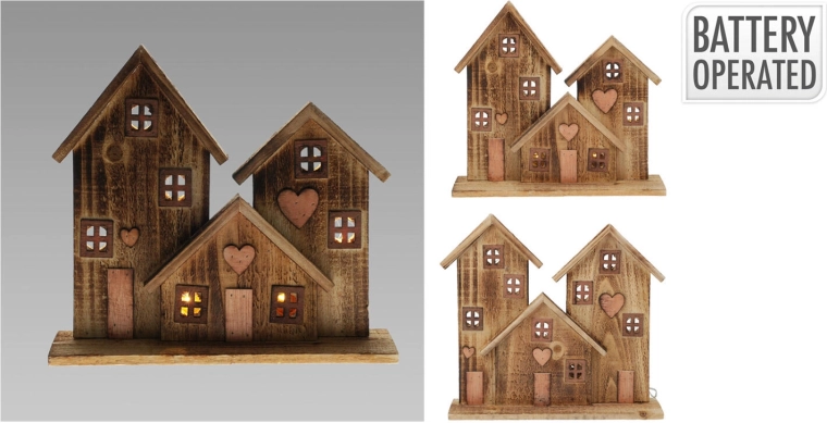 Décoration LED en bois maisons 29 cm avec minuterie