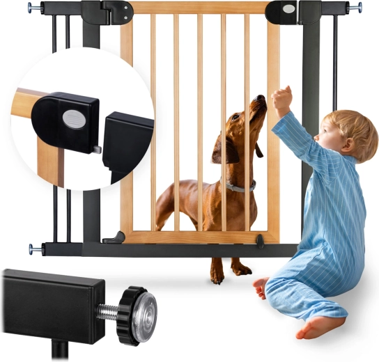 Cancello di sicurezza per bambini NUKIDO, nero‑legno, 76–104 cm