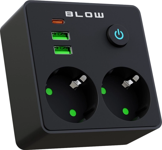Adattatore multipresa BLOW con 2 prese, 2× USB e USB-C, nero