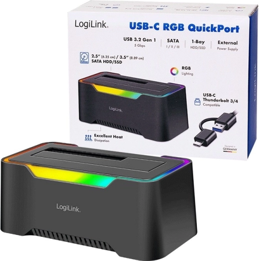 LogiLink station d’accueil USB‑C 3.2 Gen 1 pour HDD/SSD SATA 2,5"/3,5" avec RGB