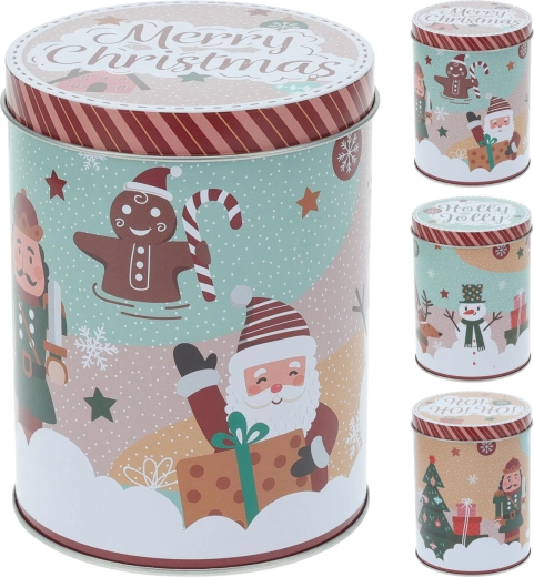 Juleformet rund blikdåse 10,5 × 14 cm – mix af dekorationer