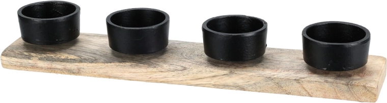 Svečnik za štiri sveče iz lesa in kovine, črn, 30,5 × 6 × 4,5 cm