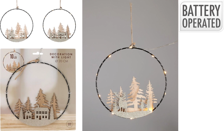 Décoration LED suspendue cercle 20 cm en bois de peuplier – blanc chaud