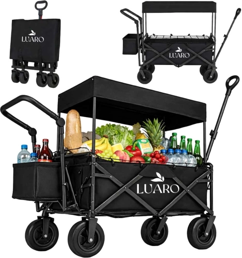Chariot de plage et de jardin pliable avec auvent et filet LUARO, noir