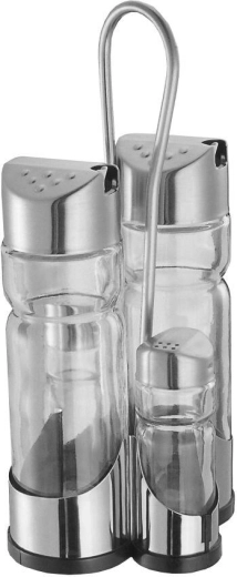 Seasoning set with stand – glass salt shaker, pepper shaker, and stainless-steel oil and vinegar containers