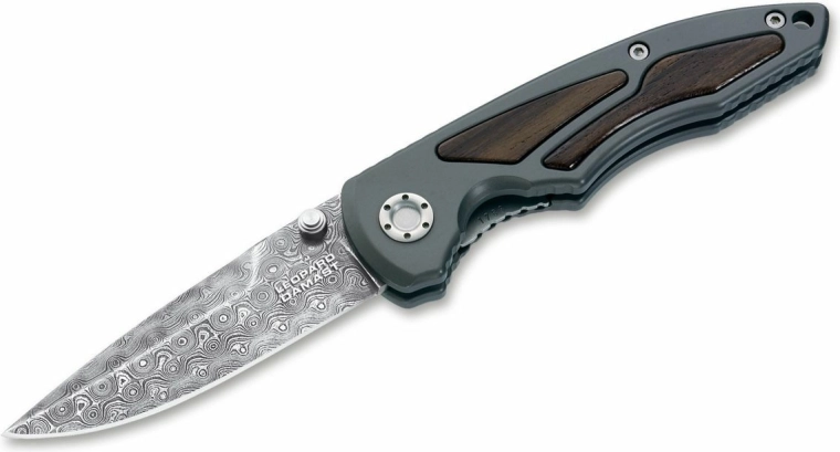 BÖKER MANUFAKTUR SOLINGEN Leopard-Damast I gyűjtői zsebkése, damaszkuszi acélból, alumínium és fa