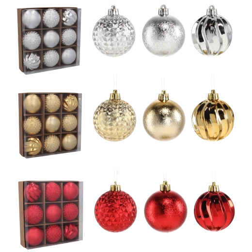 Set aus Weihnachtskugeln 6 cm – rot, gold und silber (9 Stk.)