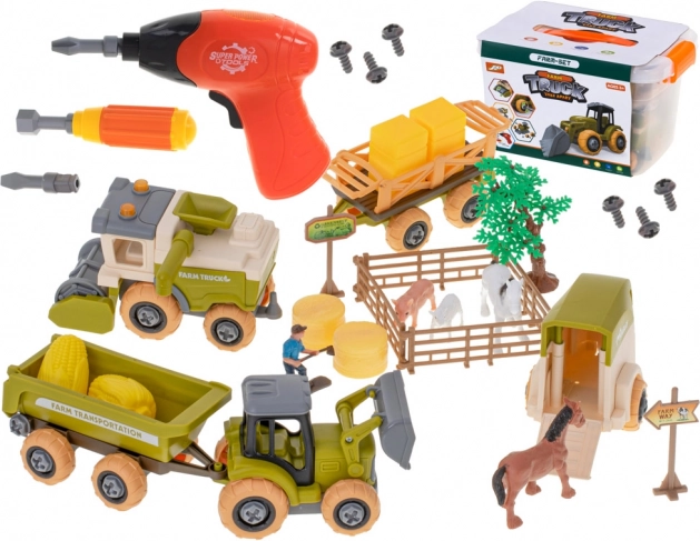 Farma za otroke – razstavljiv traktor, kombajn in živali z akumulatorskim vrtalnikom