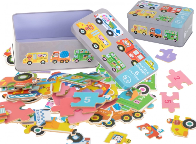Puzzle z środkami transportu w metalowym opakowaniu