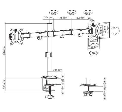 Braccio regolabile da tavolo per due monitor, fino a 32 pollici, 9 kg
