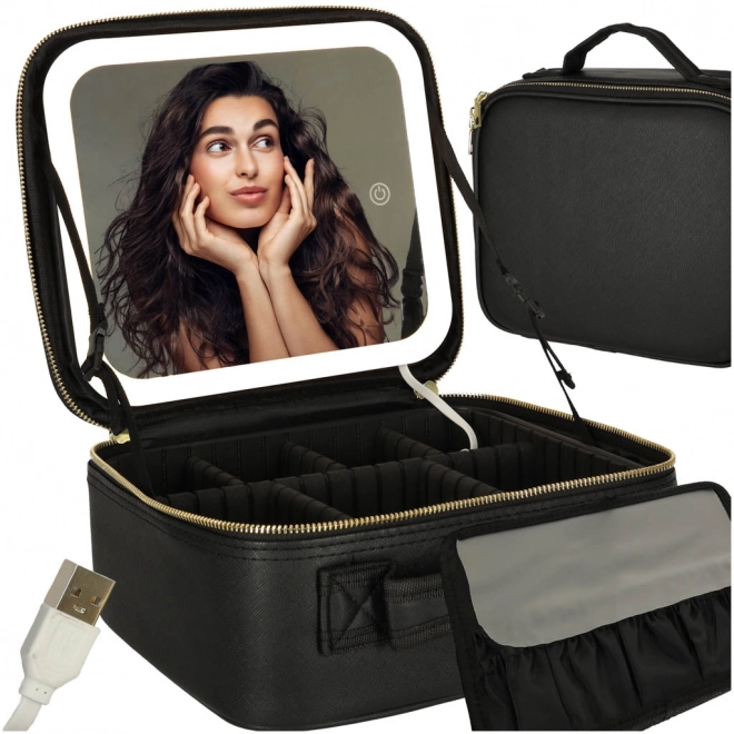 Black Travel Cosmetic Organizer with LED Mirror
