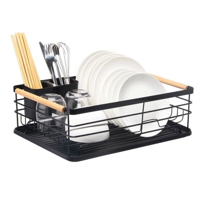 Single-tier Dishwasher Rack with Wooden Handles, Black