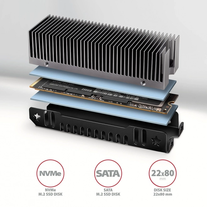 CLR-M2XT Pasivní hliníkový chladič pro M.2 SSD, ALU kryt, silikonové tepelné podložky, výška 24 mm