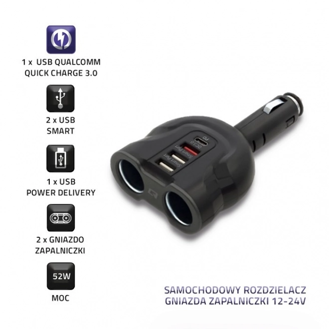 Car Cigarette Lighter Splitter with USB Ports