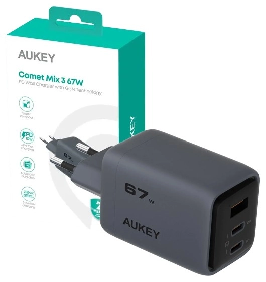 Aukey PA-C3 Comet Mix 3 GaN ultra-fast wall charger 67 W 3x USB (2x USB-C and 1x USB-A)