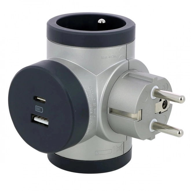Otáčavý rozbočovač 2x2P+Z, USB A+C - hliník/grafit