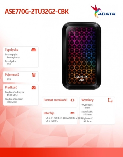 External SSD Drive ADATA SE770G 2TB RGB