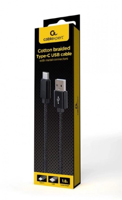 Black braided USB-C to USB-A cable 1.8m
