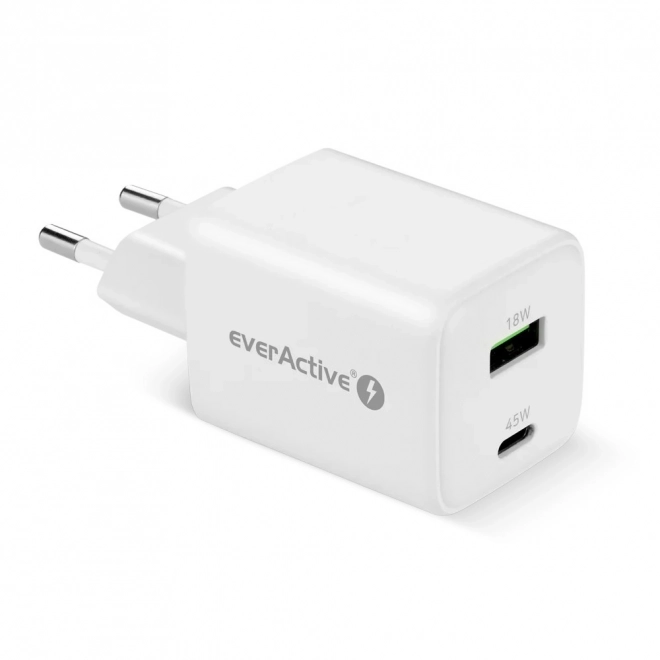 Compact White GaN Wall Charger with USB and USB-C 45W