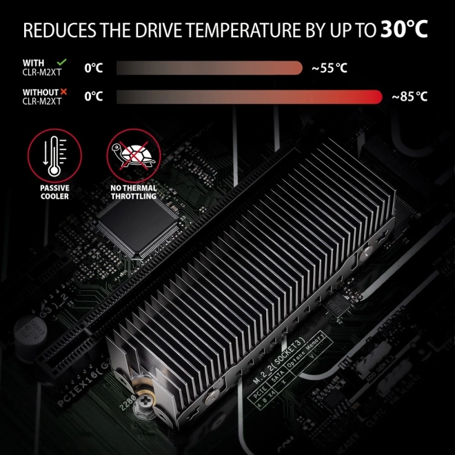 CLR-M2XT Pasivní hliníkový chladič pro M.2 SSD, ALU kryt, silikonové tepelné podložky, výška 24 mm