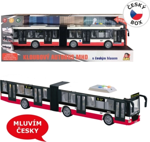 Autobus przegubowy na napęd cierny 44 cm, mówi po czesku i zapowiada przystanki