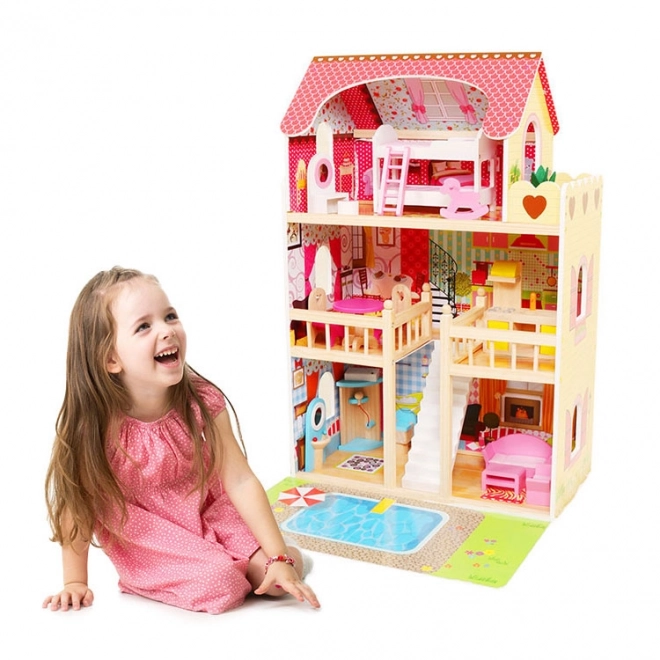 Trædukkehus, møbler, pool + belysning ECOTOYS