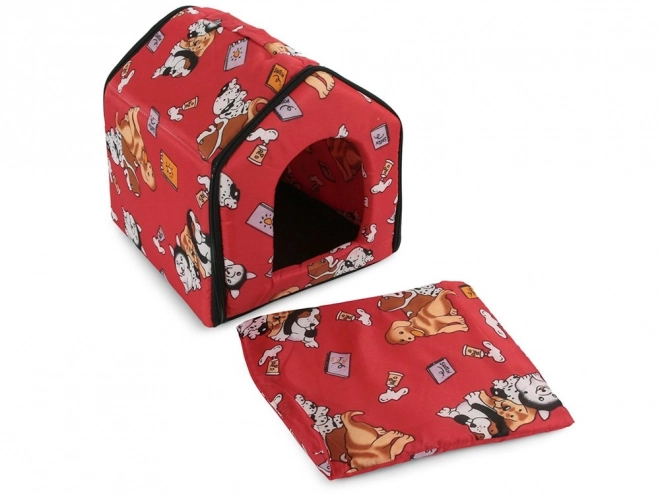 Red fabric house for small pets with pillow
