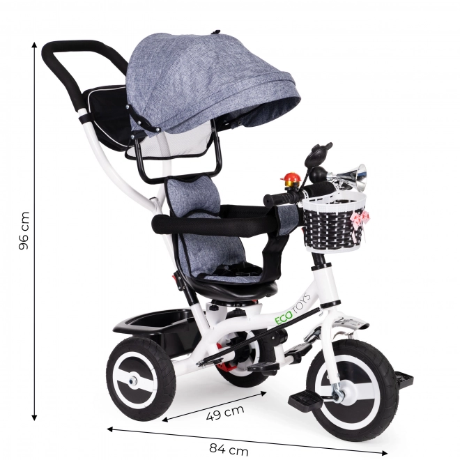 Triciclo Con Cappottina Girevole Grigio Ruote In Gomma Durevole