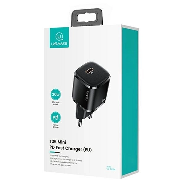 1xUSB-C T36 20W síťová nabíječka + kabel pro rychlé nabíjení Lightning PD3.0 – Černá