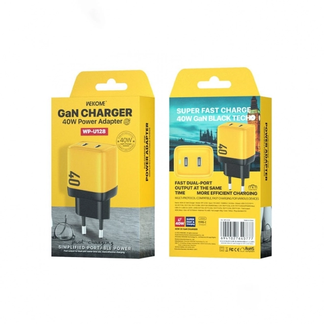 Network Charger 2x USB-C Super Fast Charger GaN 40W Yellow