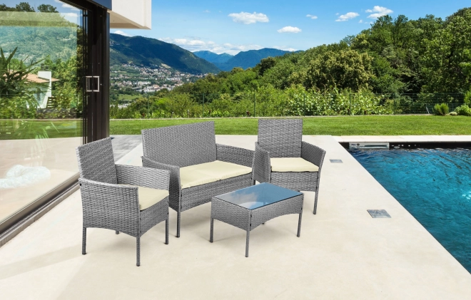 Artificial Rattan Garden Furniture Set - Bench, Table, Grey Chairs MultiGarden