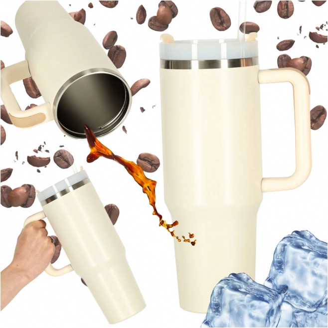 Cream thermos cup with straw and handle 1200 ml