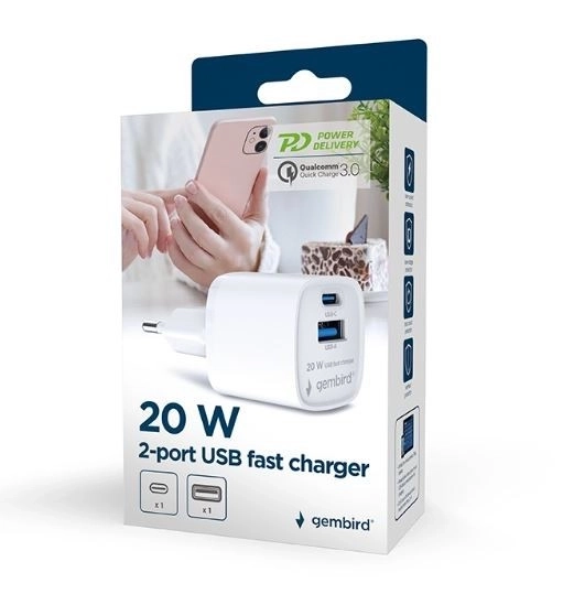 Mini nabíjačka USB-A USB-C 20W PD QC3.0 biela