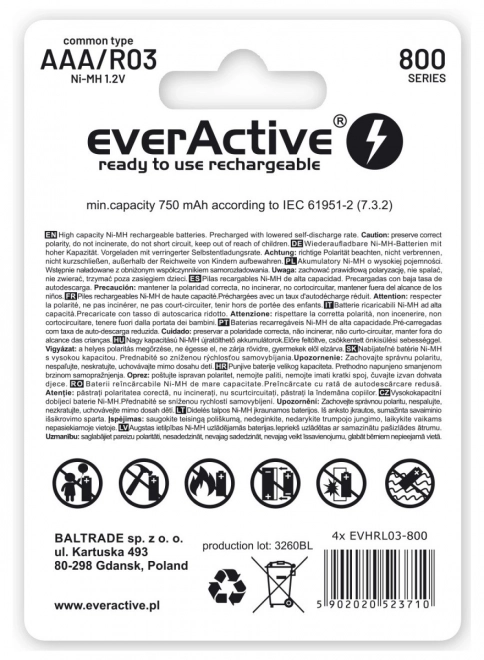 Rechargeable AAA Batteries 800 mAh Ready To Use