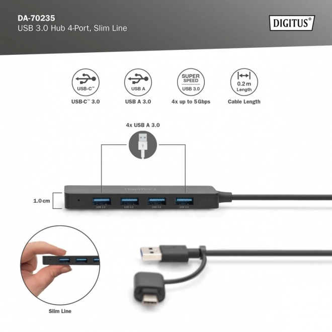Slimline 4-Port USB Hub with USB-C Adapter