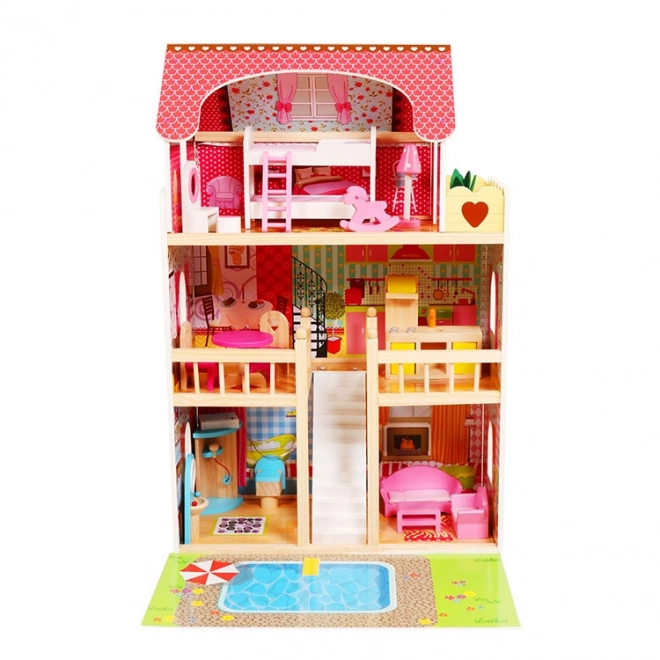 Trædukkehus, møbler, pool + belysning ECOTOYS