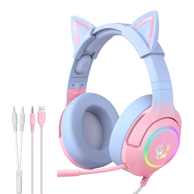 Gaming Headphones Pink-Blue with Cat Ears