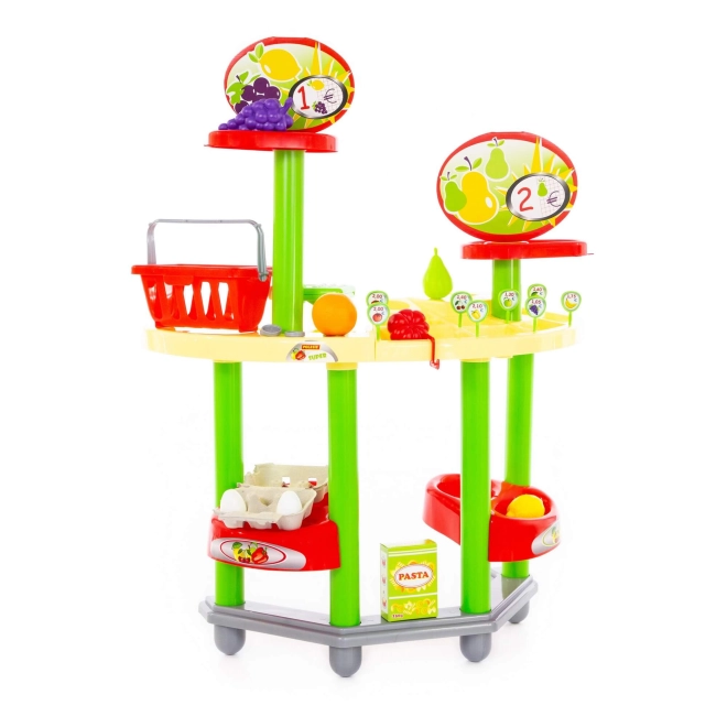 Colorful groceries and basket for realistic shopping