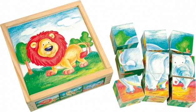 Bino wooden picture cubes – wild animals, 9 pieces