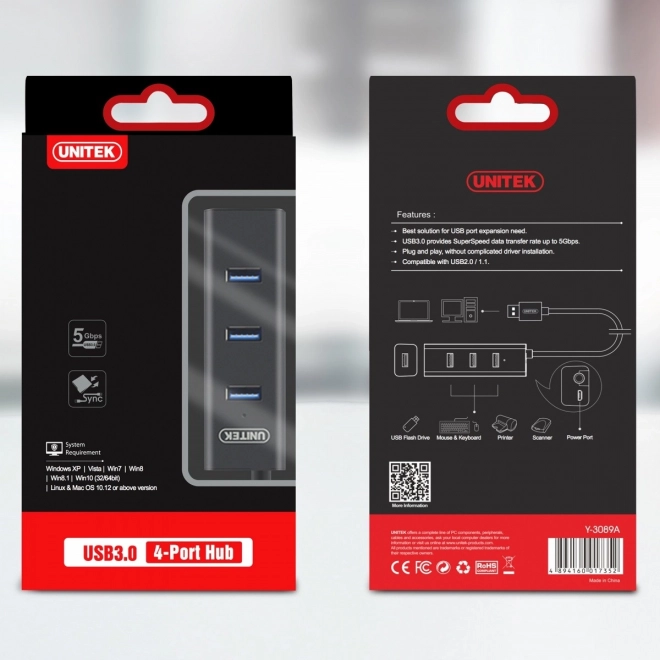 Elegant Black 4-Port USB 3.0 Hub