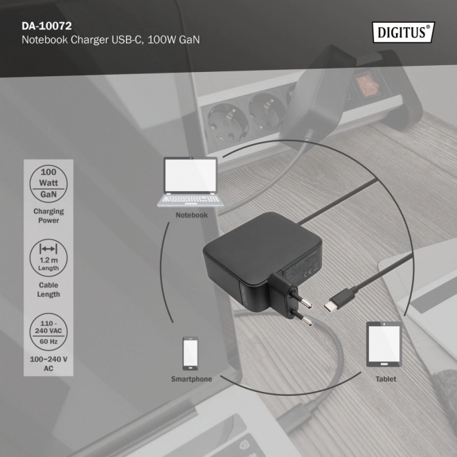 Compact GaN USB-C Charger 100W with Integrated Cable Black