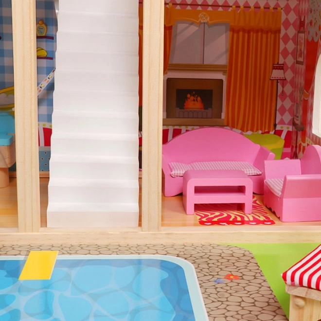 Trædukkehus, møbler, pool + belysning ECOTOYS