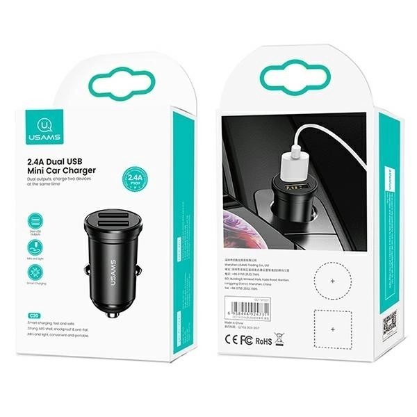 čierna dvojportová USB nabíjačka do auta 2,4A